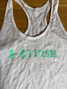 Under Armour Heat Gear Sz L White Tank with Mint Green I FISH Logo